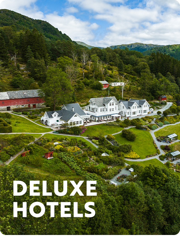 copy: deluxe hotels; image: rolling green hills with hotel nestled in