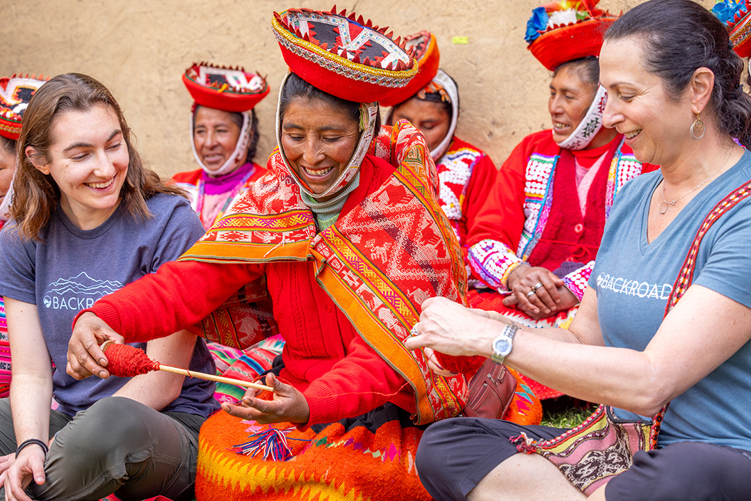 Group of women weaving and creating traditional crafts