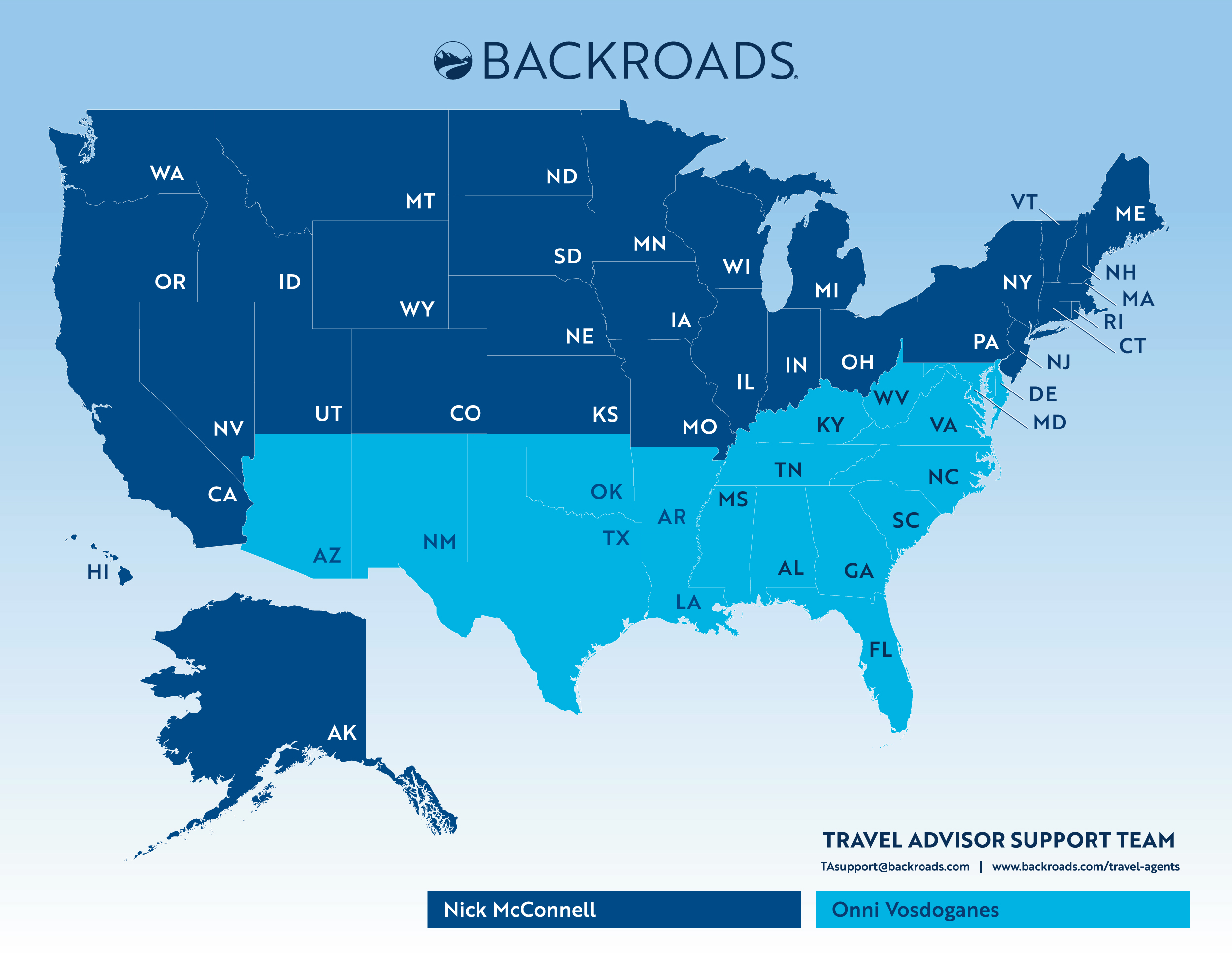 Blue United States map with different highlighted regions