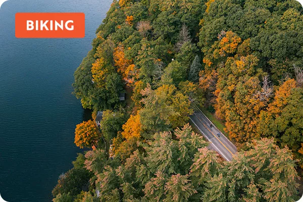 text: biking; image: trees surround a road