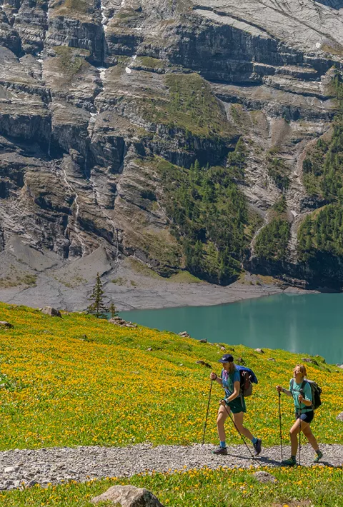 group of hikers walking by snow-capped mountain