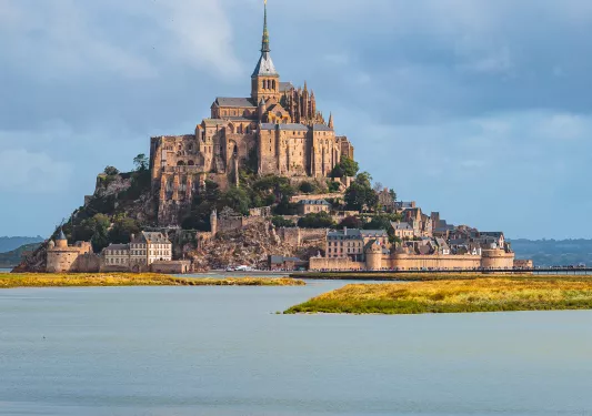 Castle-like building on an island in the middle of a lake