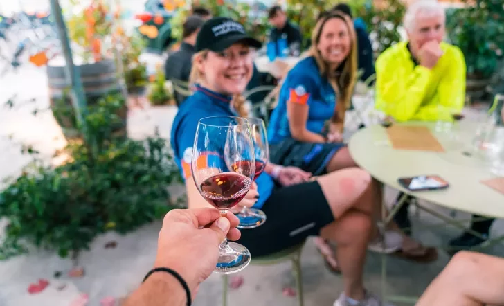 Guests cheersing wine glasses, POV shot.