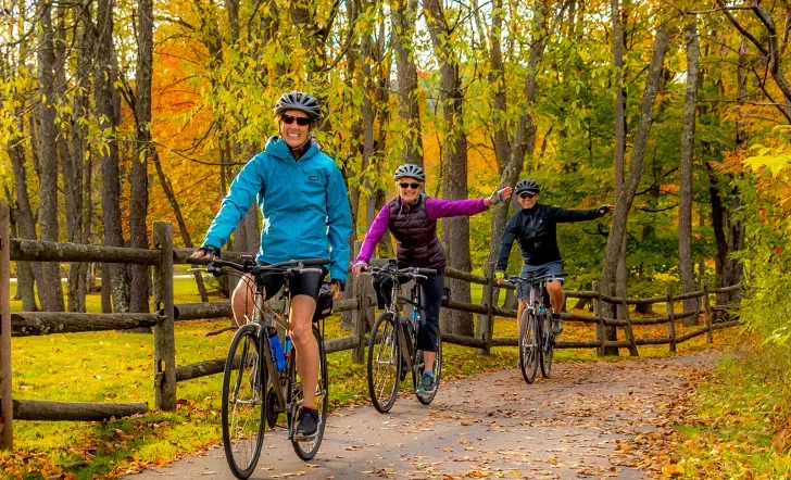 Three guests cycling down forest road, all smiling at camera, two signaling left turn.