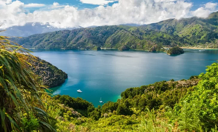 Mountainside view of ocean with boats near the coast