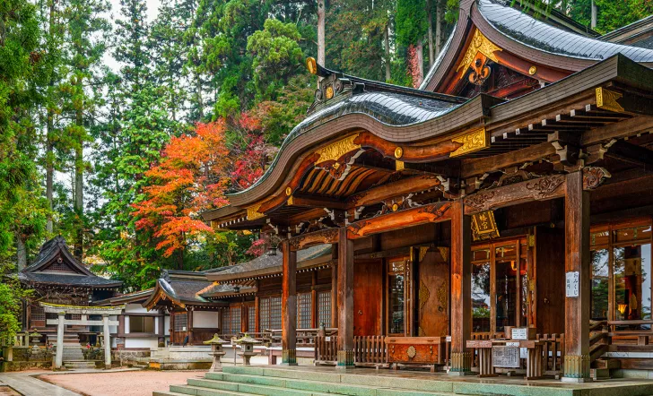 Wide shot view of a shrine and temple 