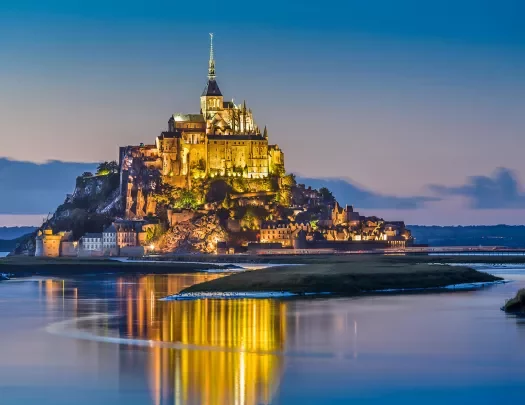 Le Mont Saint-Michel Tidal Island in Twilight During Blue Hour at Dusk, Normandy, Northern France
