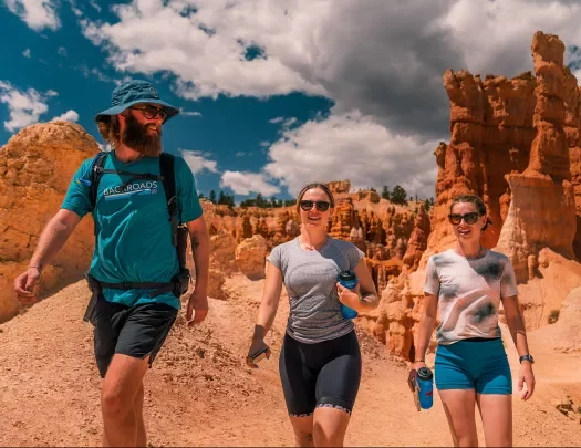 three hikers in canyon - up-close shot