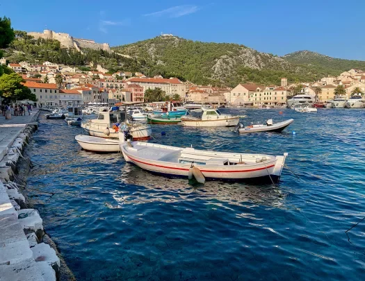 Coastal town and houses, boats scattered about.