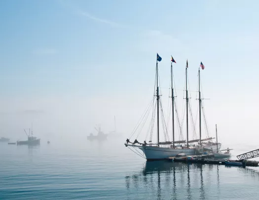 Wide shot of a four-masted ship in port, fog on the horizon.