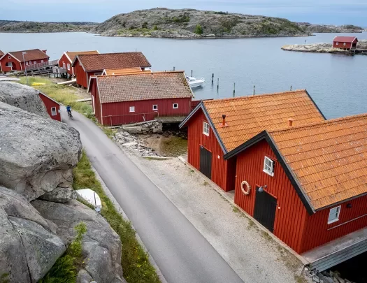 Row of red houses along a rocky shore in Norway