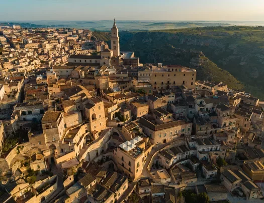 Wide shot of Matera, Italy.