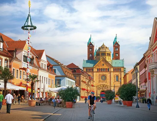 Biker in town square