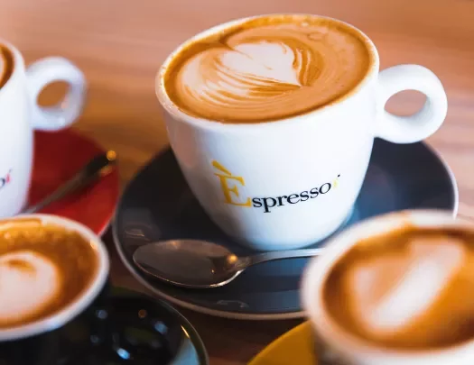 Close-up of cappuccinos in mugs.