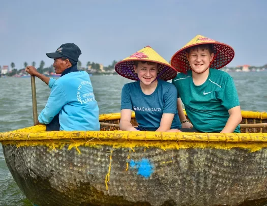 Riding in a round bottom boat in Vietnam