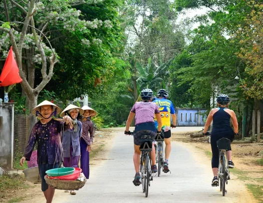 Guests cycling down road, past locals.