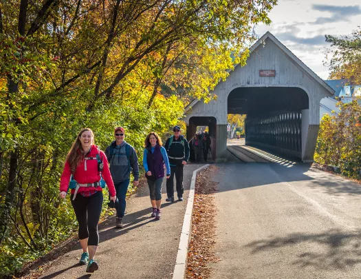 Group of guests walking over roofed-bridge.