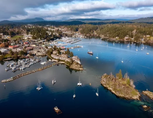 An aerial view of Ganges, Salt Spring Island, BC, Canada