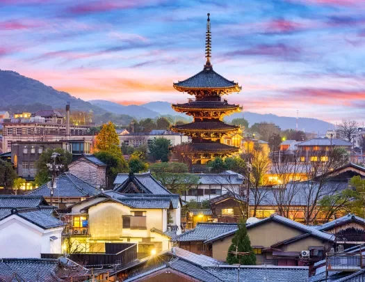 Japanese city of Kyoto at sunset