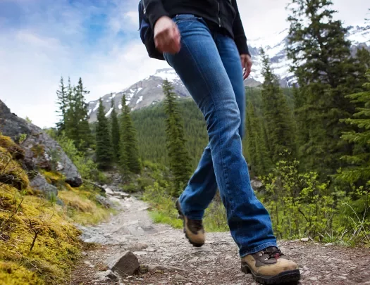 Ground shot of guest walking down muddy trail, forest, mountain behind them.