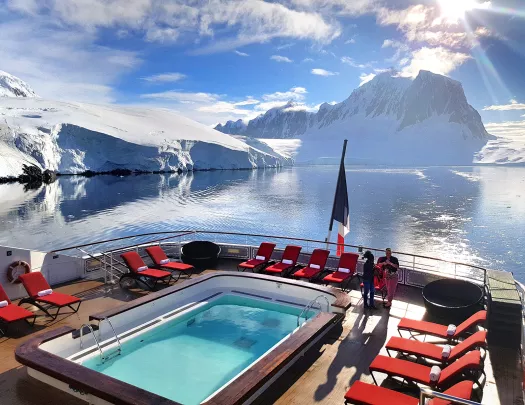 Cruise ship pool overlooking ice bergs in Antarctica