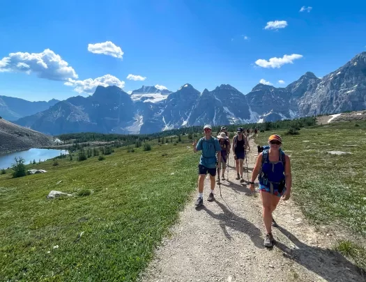 Group of guests walking next to small river, grassy meadow, mountains in background. 