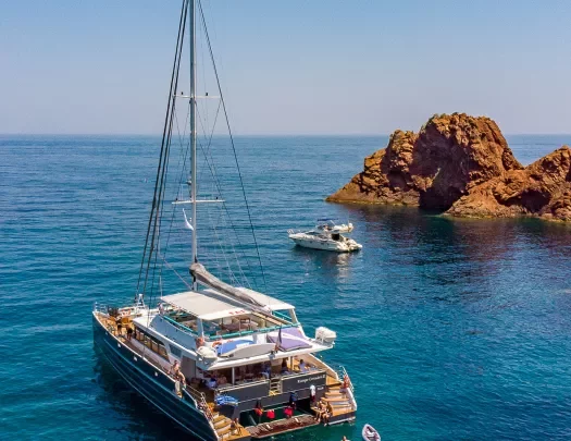 Elegant sailboat anchored in the bay in France