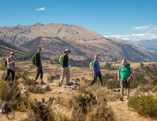 Five guests walking in arid grassland, large golden hills behind them.