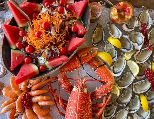 Seafood spread, lobster, oysters, shrimp, etc.