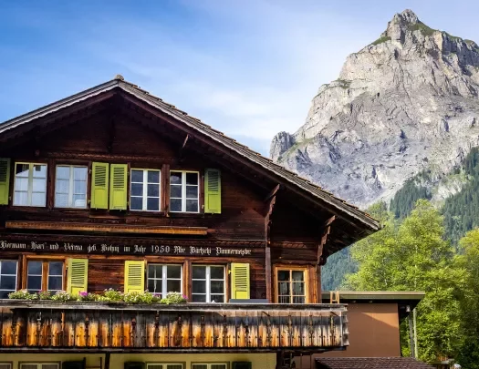 View of hotel and mountain in background.