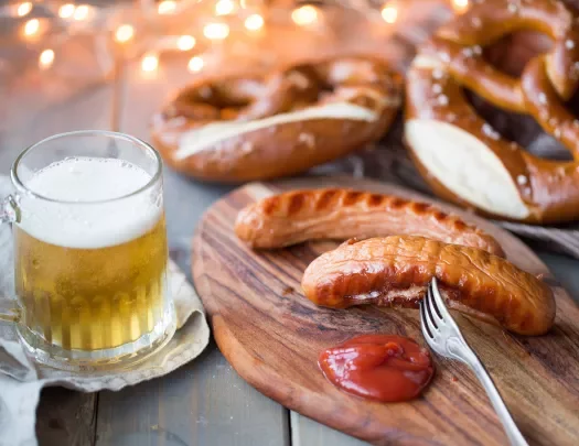 Shot of beer, sausages, pretzels, etc.