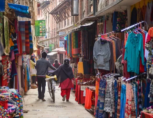 Walking along streets and shops in Nepal