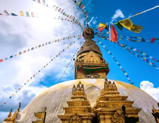 Temple decorated with colorful flags in Nepal