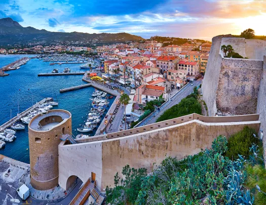 Wide shot of Calvi coastline.