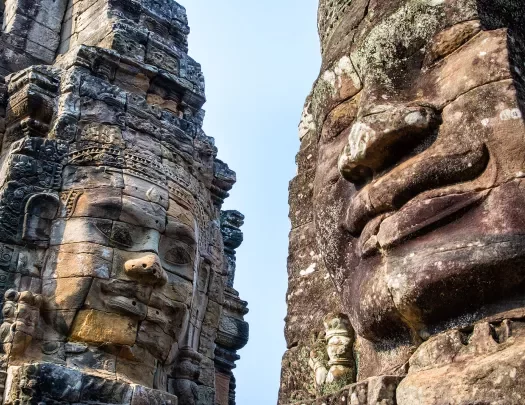 Close-up of the Bayon Temple sculpture heads.