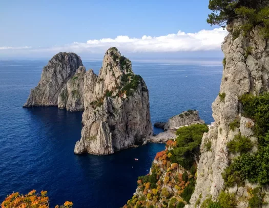 Wide shot of craggy sea stacks, cliffs visible in background.