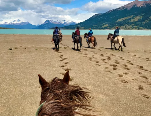 Point of view shot of guests on horseback, heading towards beach.