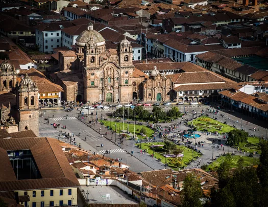 Bird's eye shot of Cuzco main town square.