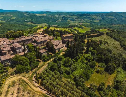 Bird's eye shot of Italian countryside villa and vineyard.