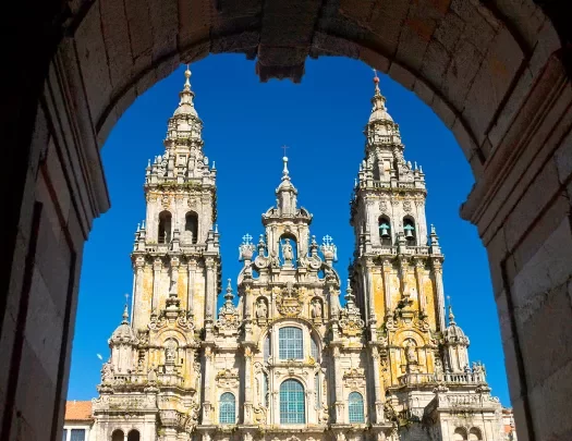 Shot through archway of the Cathedral of Santiago de Compostela.