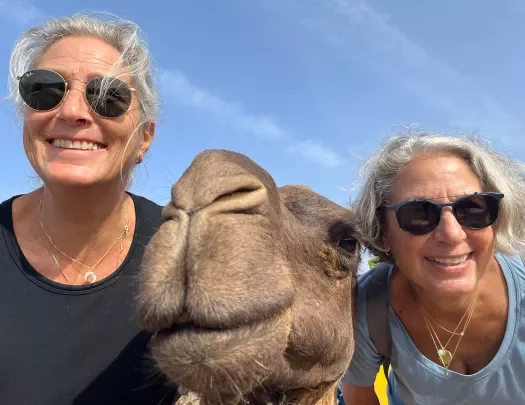 Two people taking photo with camel between them