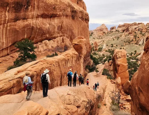 Guests hiking in national park among boulder formations