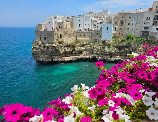 Flowers and a rustic building overlooking the ocean