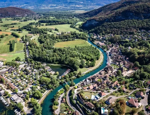 Small town separated by a river cutting through