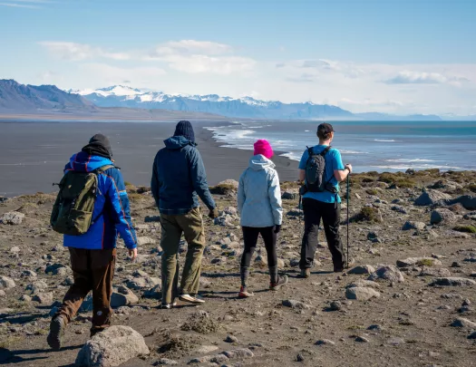 Group of four people walking on a dirt path towards the ocean