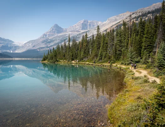 hiking trail next to a clear lake next to mountains