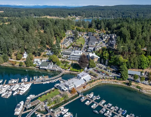 Sky view of a property complex with boats along a port 