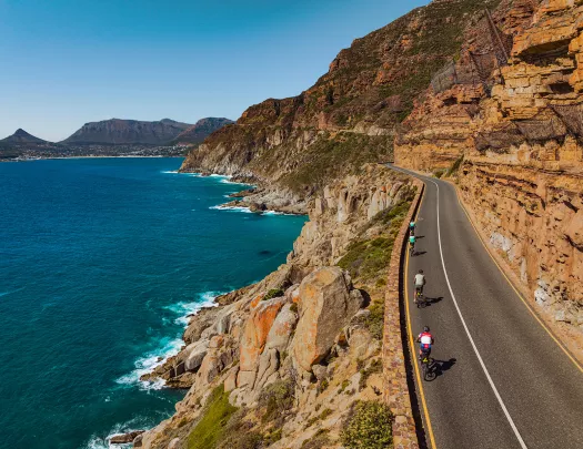 people riding bicycles down a beachfront road