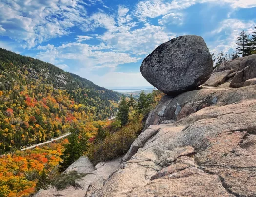 Boulder on a rocky edge overlooking trees