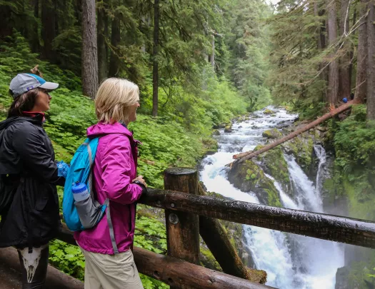 Two women standing on a wooden bridge, while looking out to waterfalls in a forest